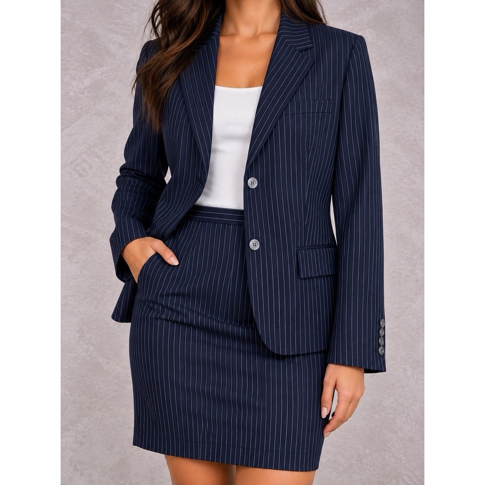 Brooks Brothers Loro Piana Wool Suit Set Womens 16 Navy Pinstripe Blazer Skirt